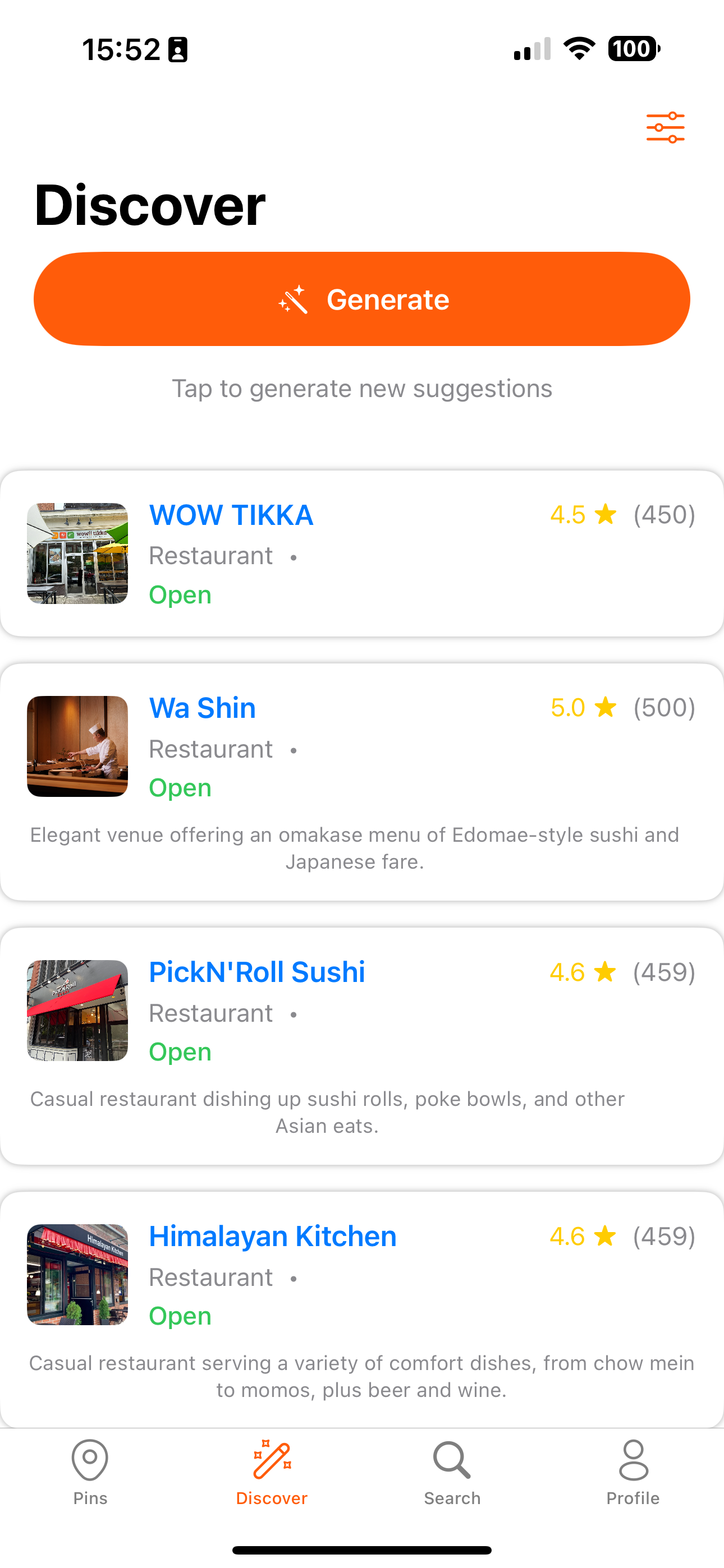 Discovery screen with AI-generated restaurant recommendations