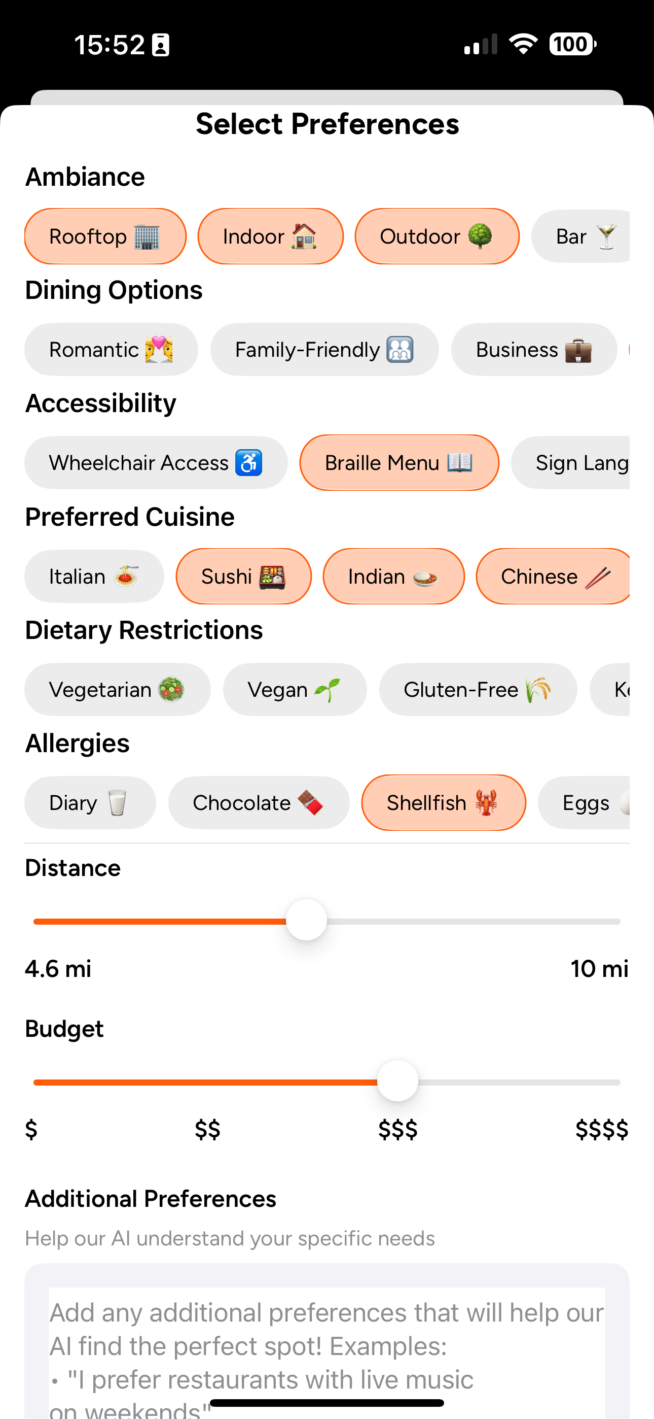 AI preferences screen showing cuisine, dietary, and ambiance options